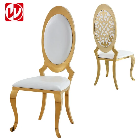 Белая искусственная кожа и золотые обеденные стулья из нержавеющей стали для гостиницы, дома, ресторана, банкетного зала, свадеб